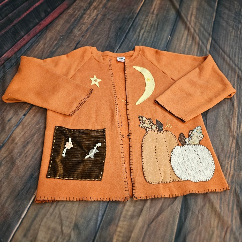 Vintage 1990s Handcrafted Pumpkin Patch Cardigan Sweatshirt Orange Folk Art Lg - Picture 14 of 14